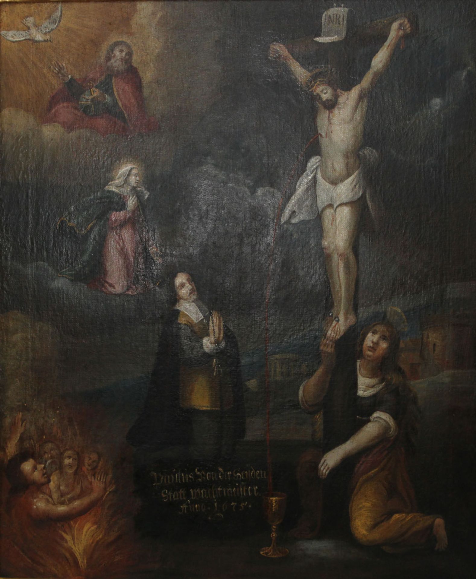 Votivbild: Polychrom gemalte Darstellung "Paulus von Heyden statt Wachtmeister 1675" und Christus am