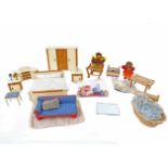 Puppenstubenmöbel und Zubehör, um 1940, Holz u.a., bestehend aus 1 Schlafzimmer (Bett, 2