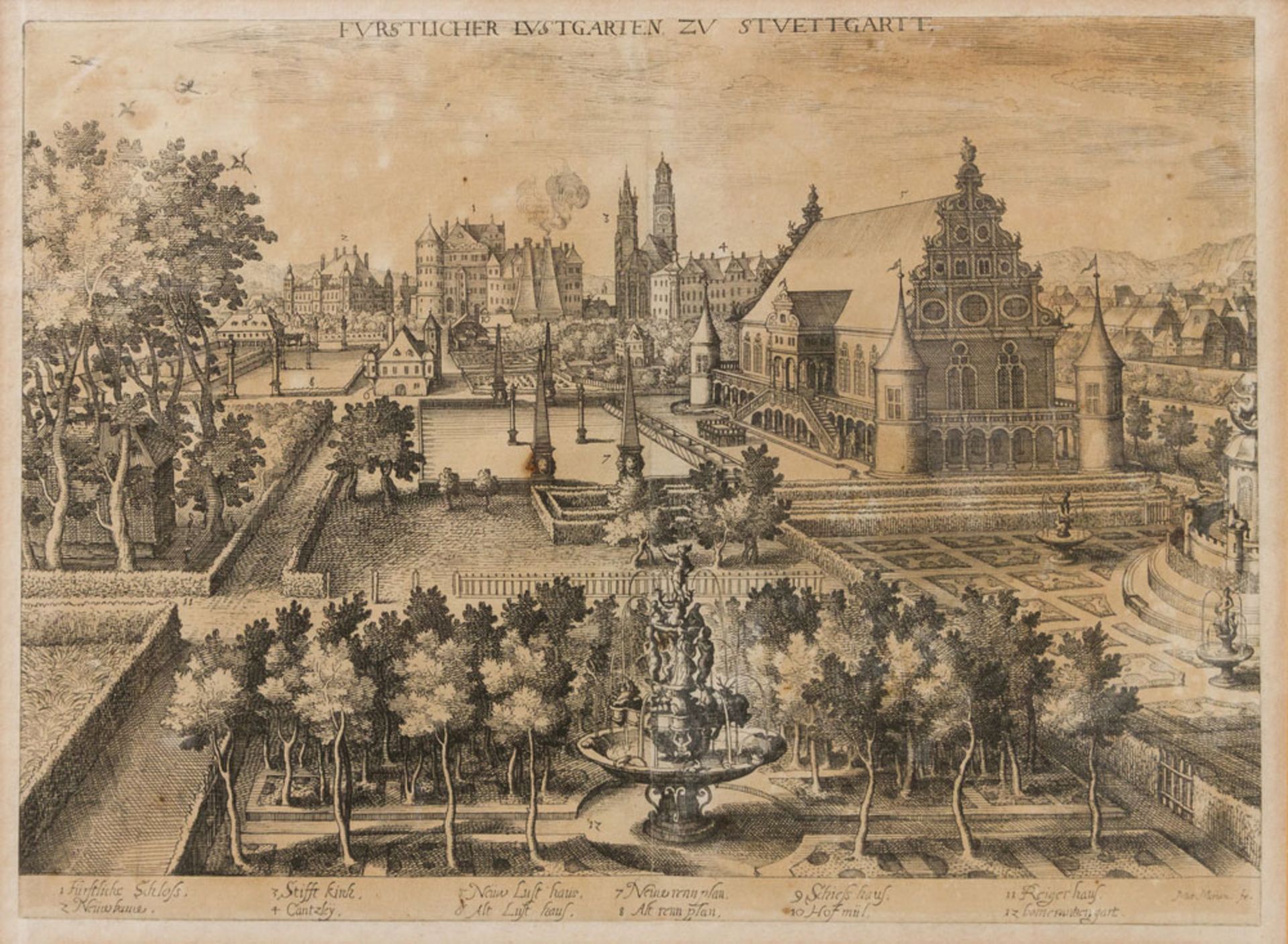 Kupferstich "Furstlicher Lustgarten zu Stuettgartt", gez. Matt. Merian fec., gebräunt, stockfleckig,