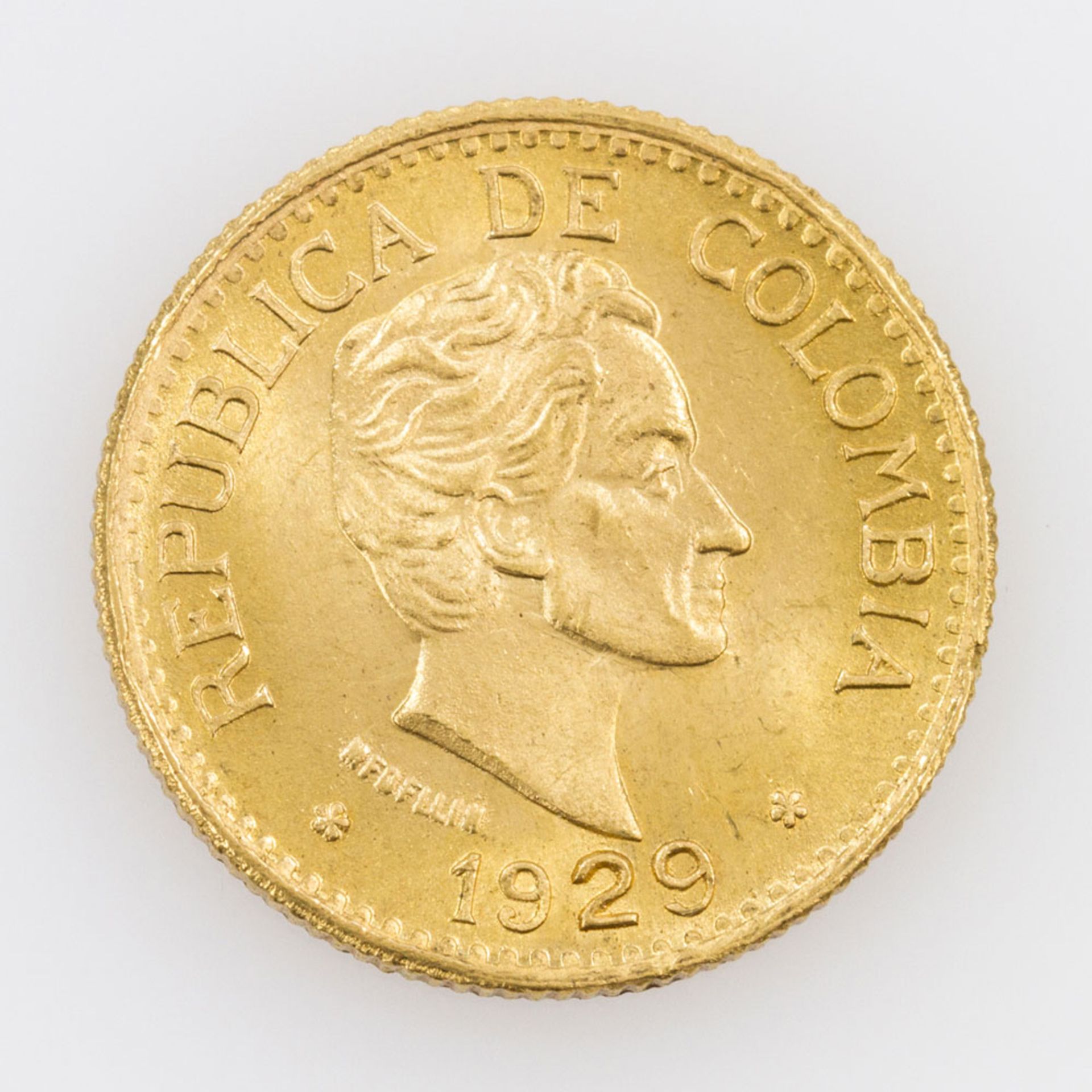Kolumbien/GOLD - 5 Pesos 1929, ca. 7,32 g Au fein, ss, Rf.