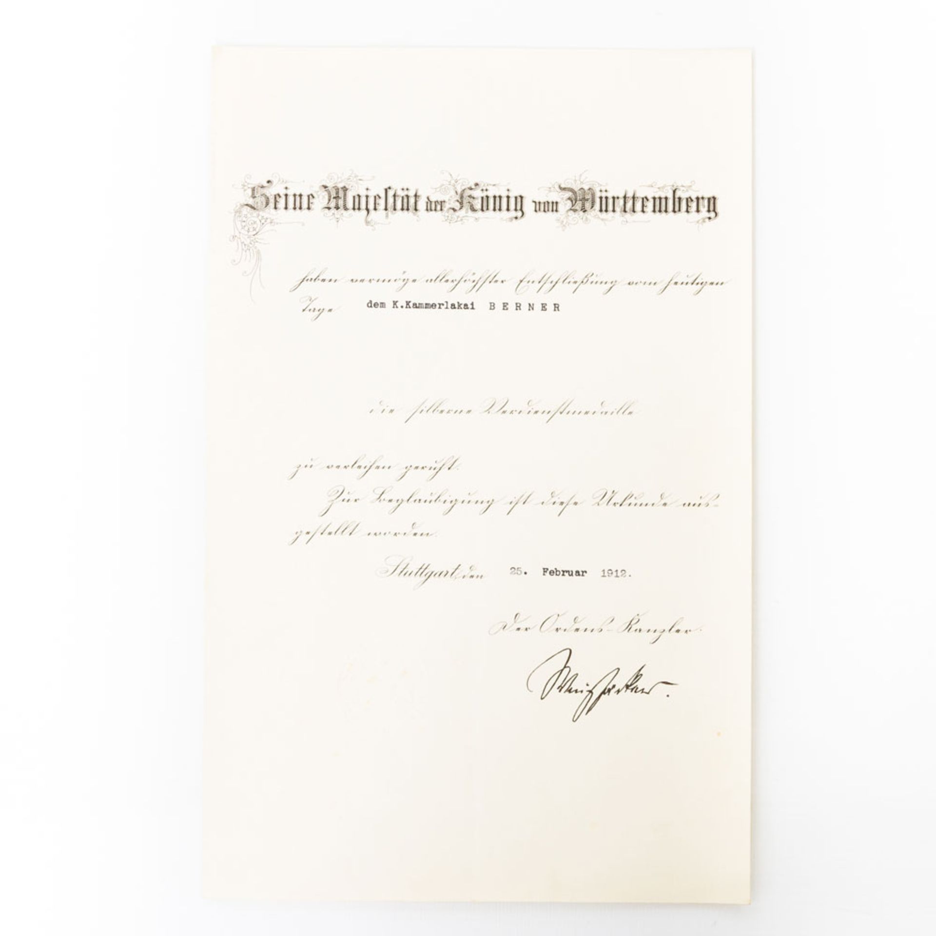 WÜRTTEMBERG. Verleihungsurkunde vom 25. Februar 1912, gegeben zu Stuttgart, zur Silbernen