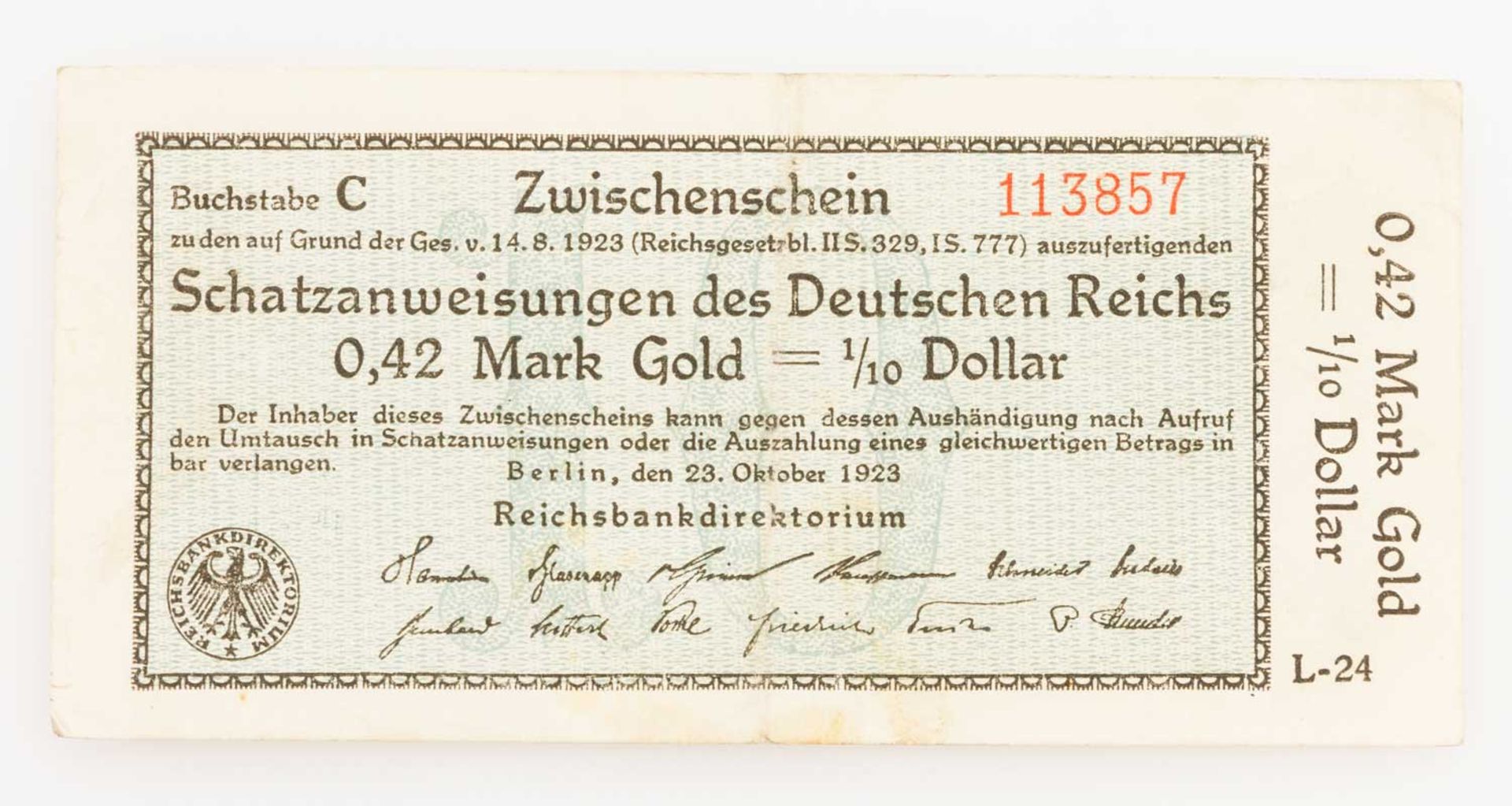 Dt. Banknoten ab 1871 - Zwischenschein 0,42 M. Gold, Schatzanweisung d. Dt. Reiches, [...]