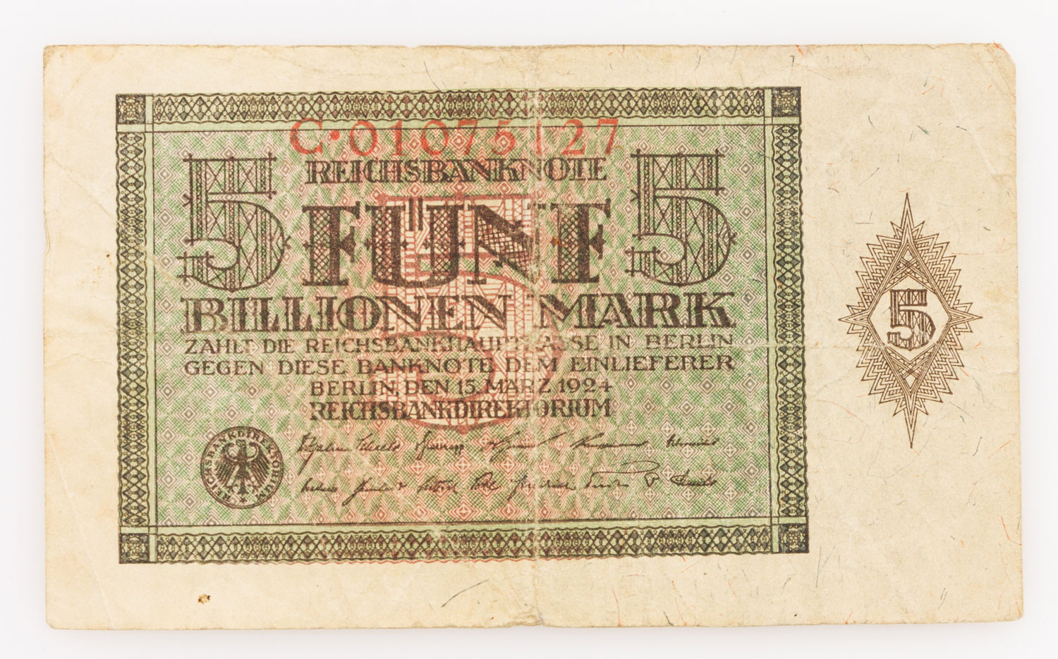 Dt. Banknoten ab 1871 - 5 Billionen Mark, Reichsbanknote 15.3.1924, Serie C. Ro.138, [...]