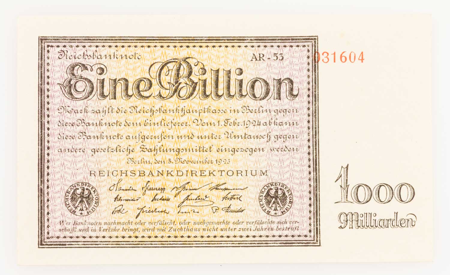 Dt. Banknoten ab 1871 - 1 Billion Mark, Reichsbanknote 5.11.1923, Ro.131d, I- -