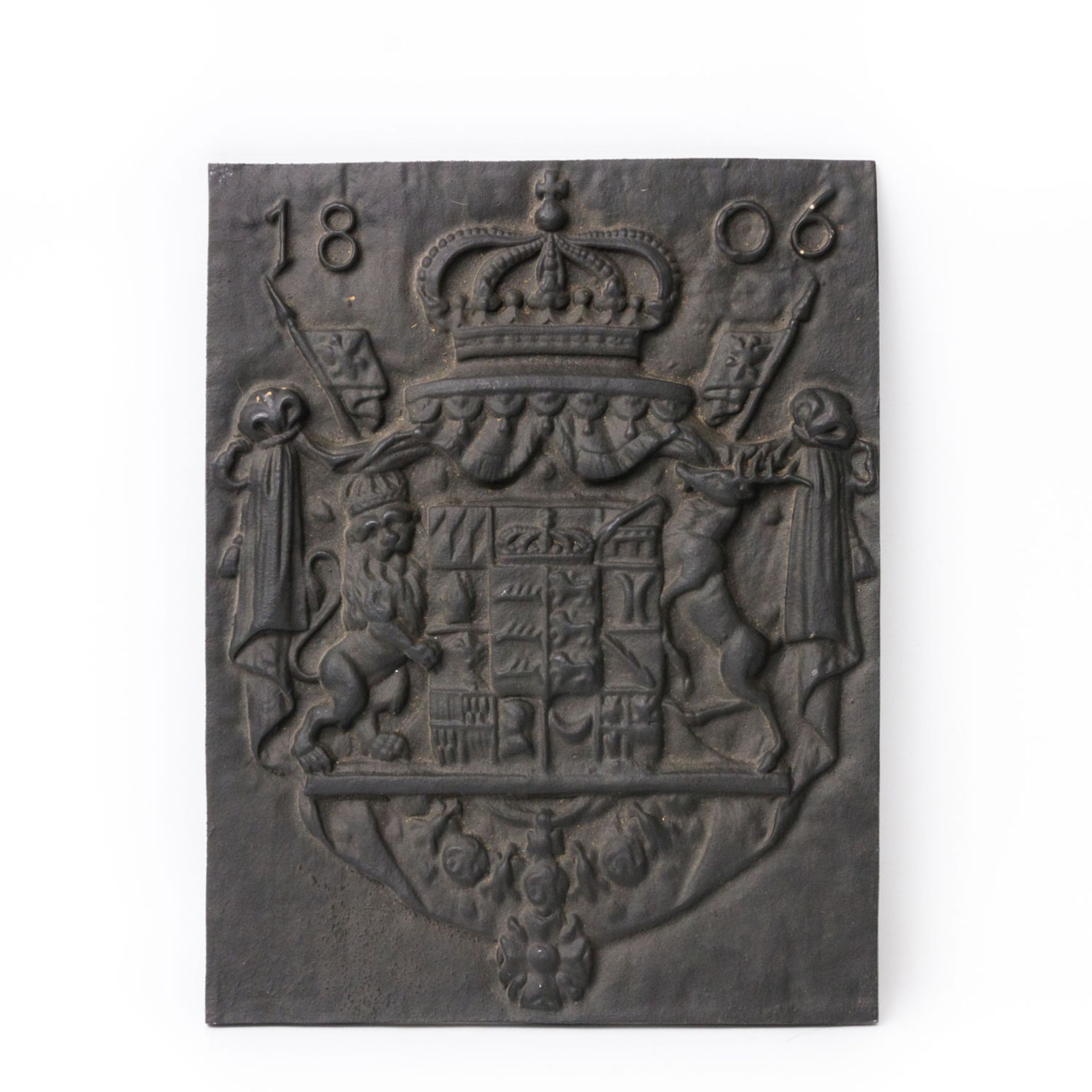 Gusseiserne Offenplatte - Kaminbild mit Wappen Württembergs, Aufschrift: 1806, Maße: 41 x 54 cm,