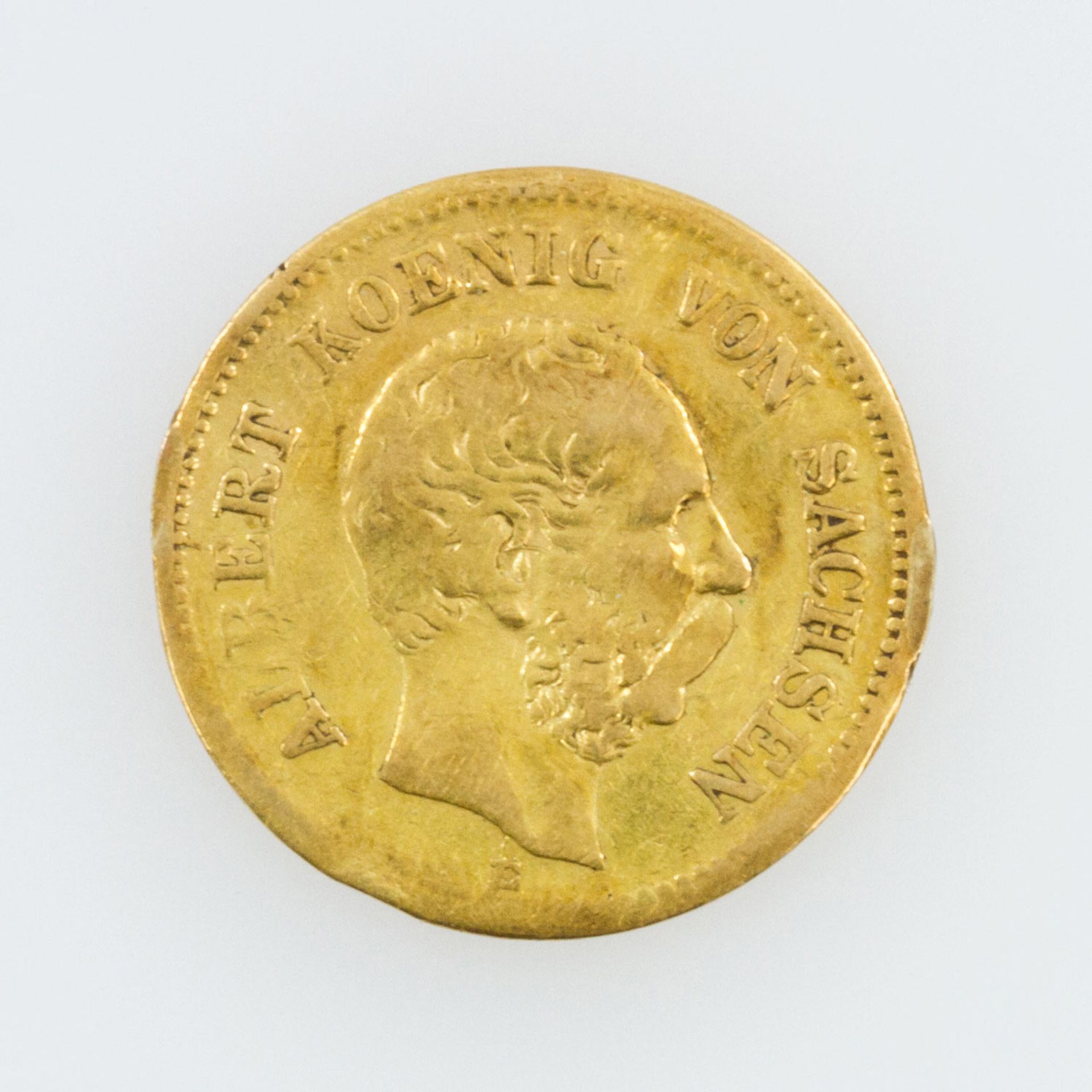 Sachsen/GOLD - 5 Mark 1877/E, König Albert von Sachsen, s., stark berieben, Randfehler, 1,179g