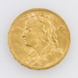 Schweiz/GOLD - 20 Franken 1907/B, Vreneli, ss., 5,8g GOLD fein.