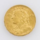 Schweiz/GOLD - 20 Franken 1907/B, Vreneli, ss+, 5,8g GOLD fein.
