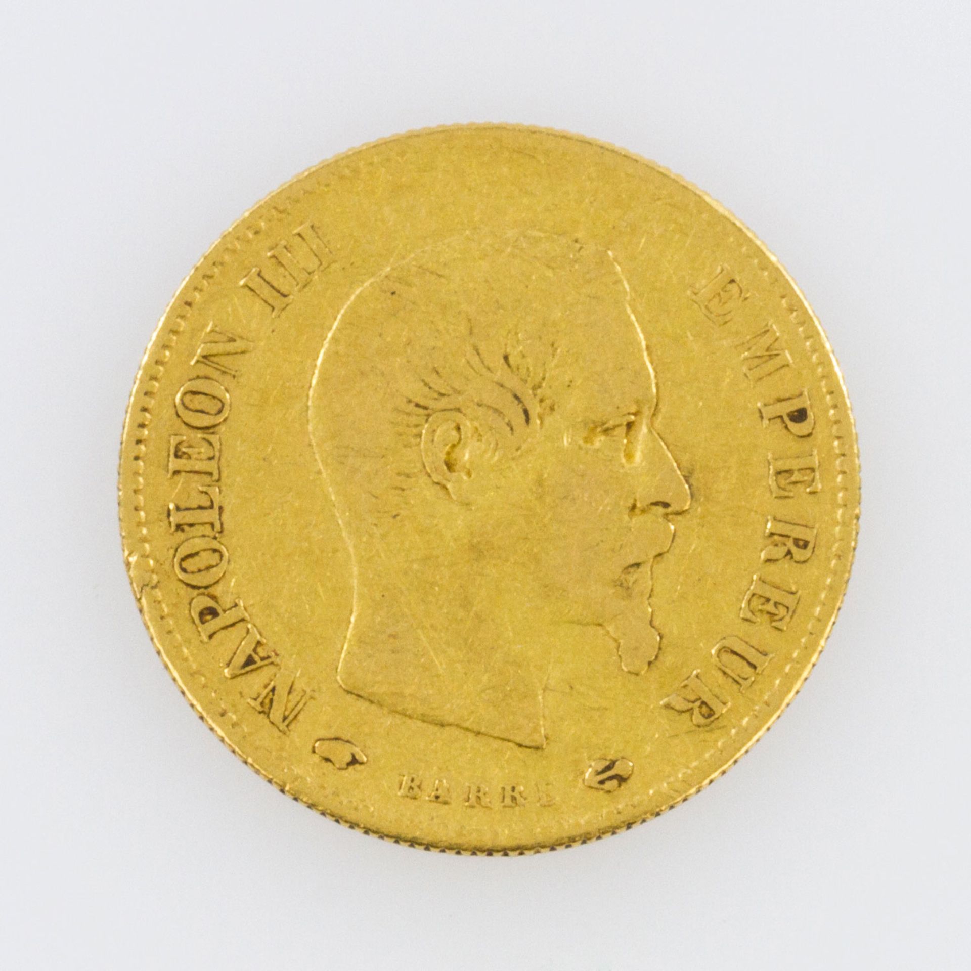 Frankreich/Gold - 10 Francs 1859/A, Napoleon III., s., stark berieben, 2,9g Gold fein.