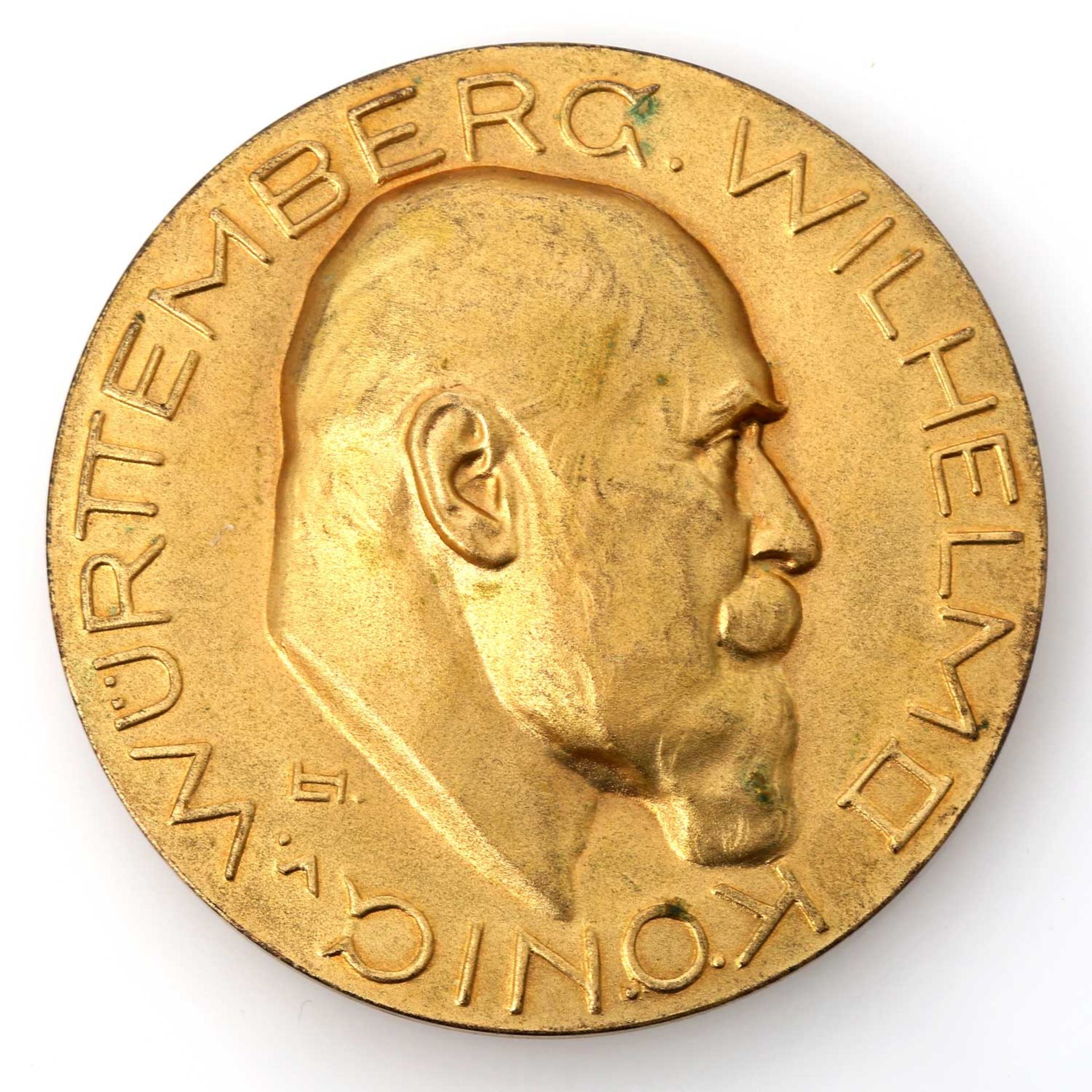 Württemberg / Kg. Wilhelm II. - Goldene Hochzeit, (1918 zur Feier), vergoldete Bronze Medaille,