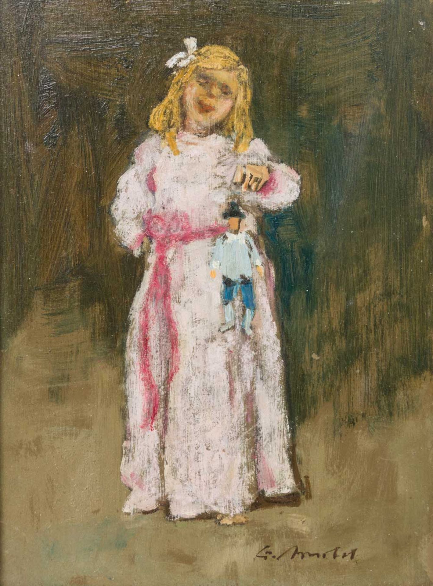 ARNOLD, GERHARD (1938) 'Mädchen mit Marionette'. Öl/Karton, unten rechts sign., ca. 18x13, gerahmt.