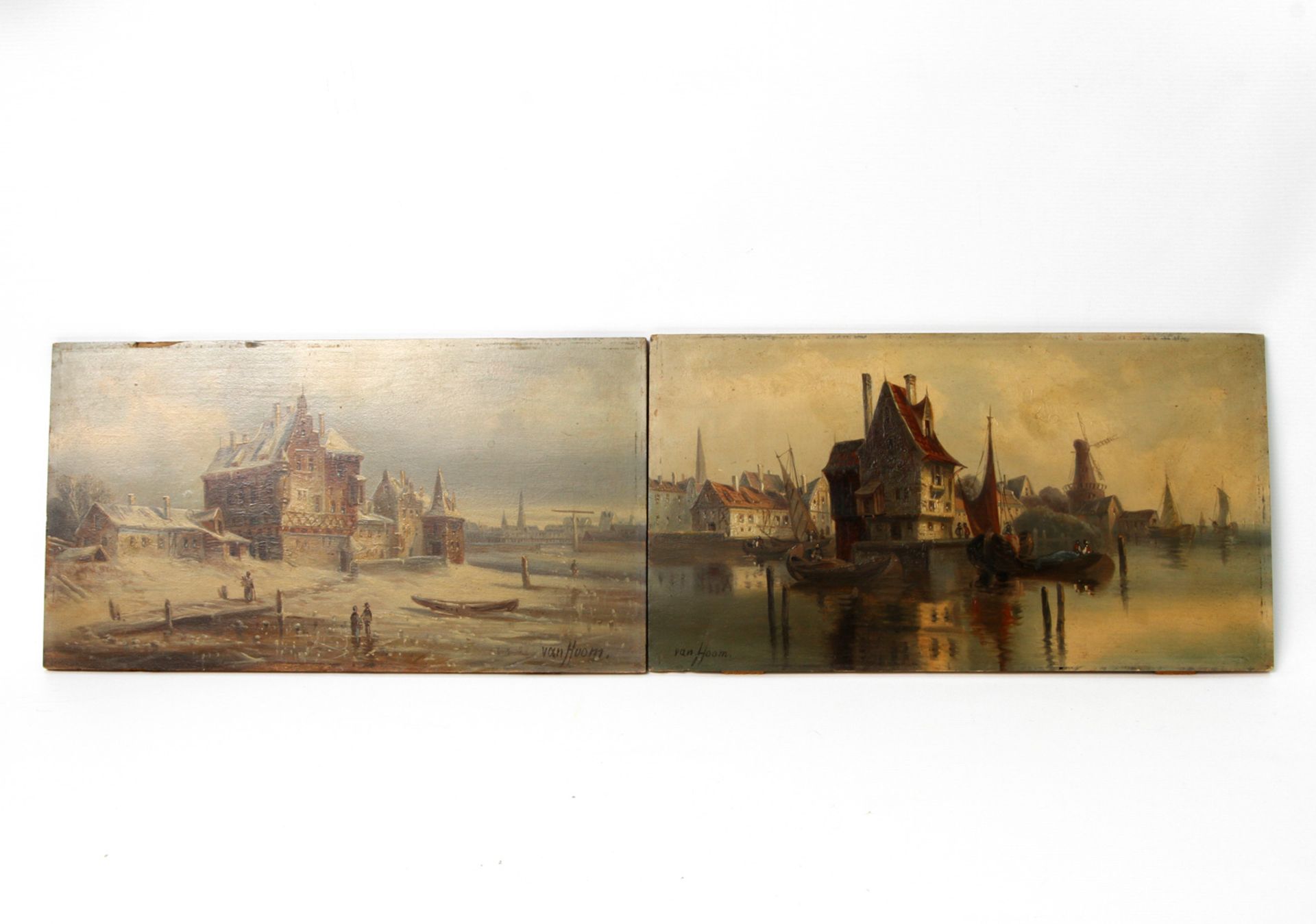VAN HOOM, LUDWIG HERMANN (1812-1881) 2 'Holländische Hafenansichten'. Öl/Holz, sign., ca. 26x47,