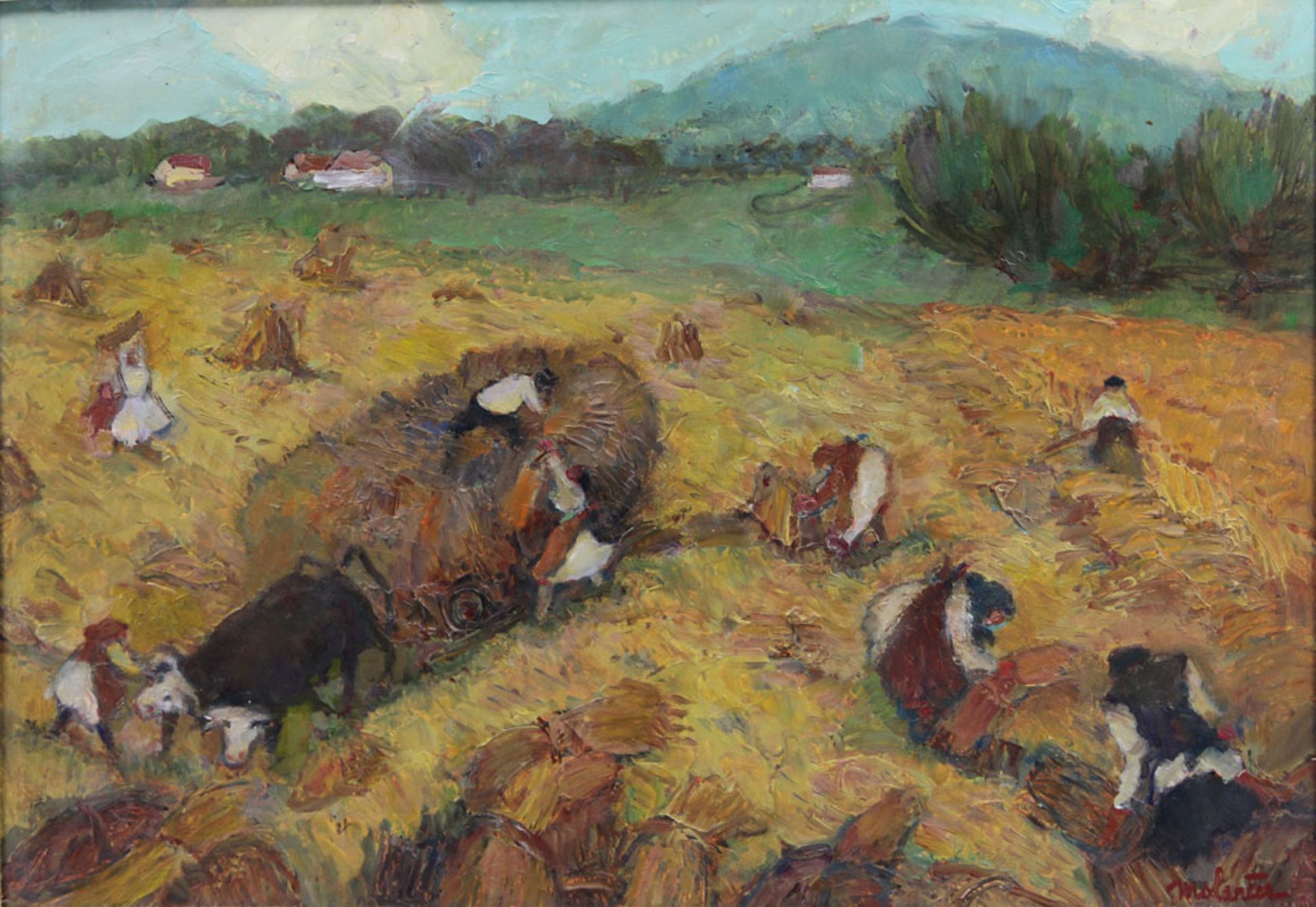 MALANCEC, FEDOR (1902-1985): "Ernte", Feldarbeiter bei der Heuernte, 20. Jh., Öl/Platte, 34x50 cm,