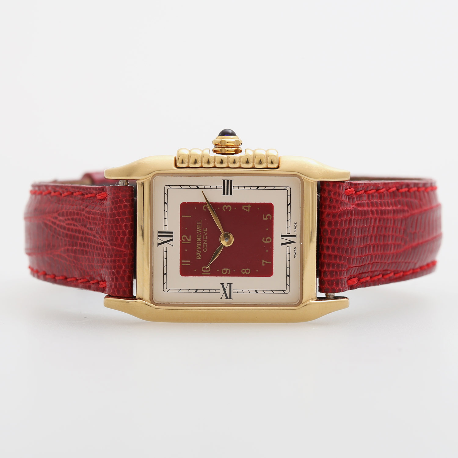 RAYMOND WEIL Damenuhr, Quarzwerk, vergoldet, Nr. 5865, rotes Lederband, Original-Etui anbei, Gehäuse