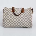 LOUIS VUITTON beliebte Henkeltasche. "Speedy 35". Canvas Damier Azur, naturfarb. Rindsleder-Details.