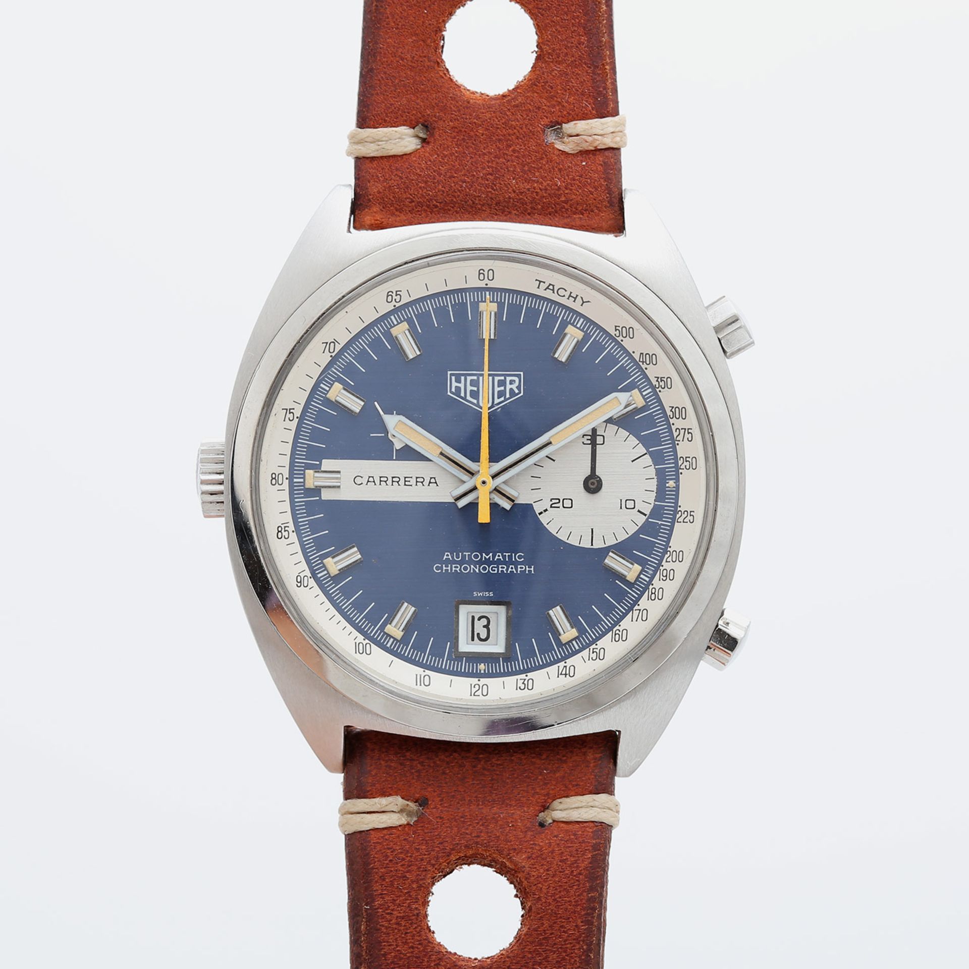 HEUER "Carrera Chrono Blue Dial" Herrenuhr, ca. 1970/80er Jahre. Edelstahl. Automatic-Werk, Cal. 15.