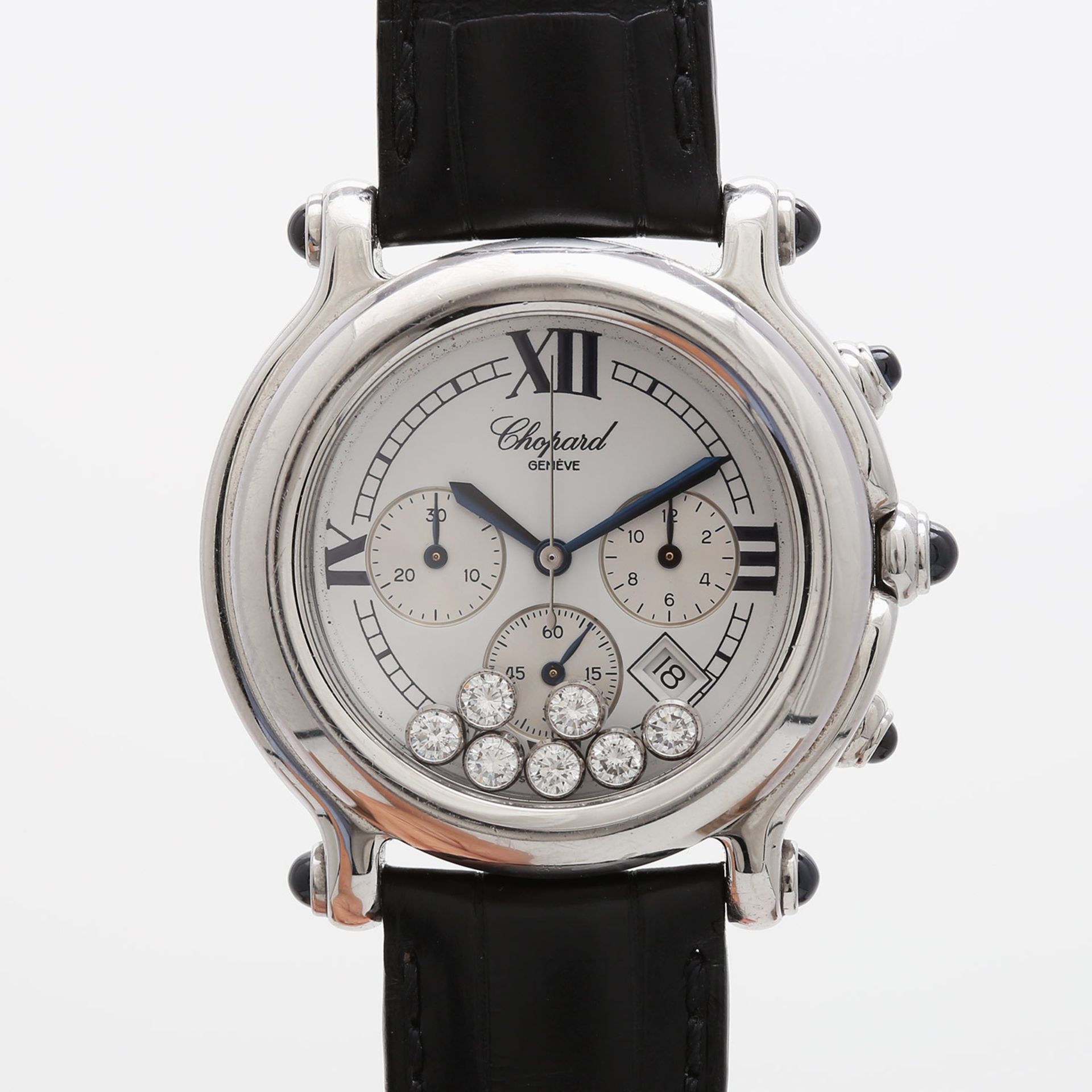 CHOPARD Damenuhr "Happy Sport Chronograph". Edelstahl. D: ca. 36mm (ohne Krone). Mit sieben