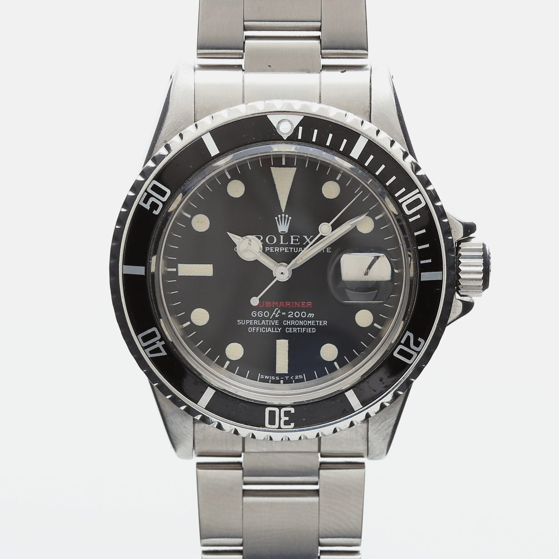 ROLEX "Submariner Red MK V" Herrenuhr, Ref. 1680, ca. 1971. "Feet-First- Zifferblatt". Edelstahl.