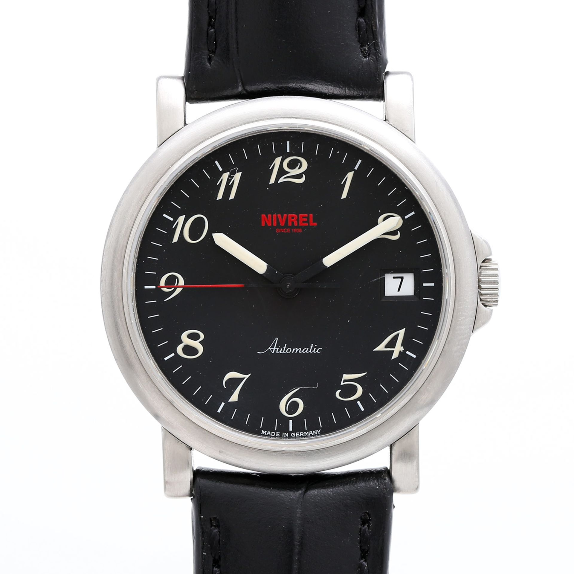 NIVREL Armbanduhr, Edelstahl, Automatic-Werk Cal. ETA 2824. Lederband mit Stiftschließe. Mit