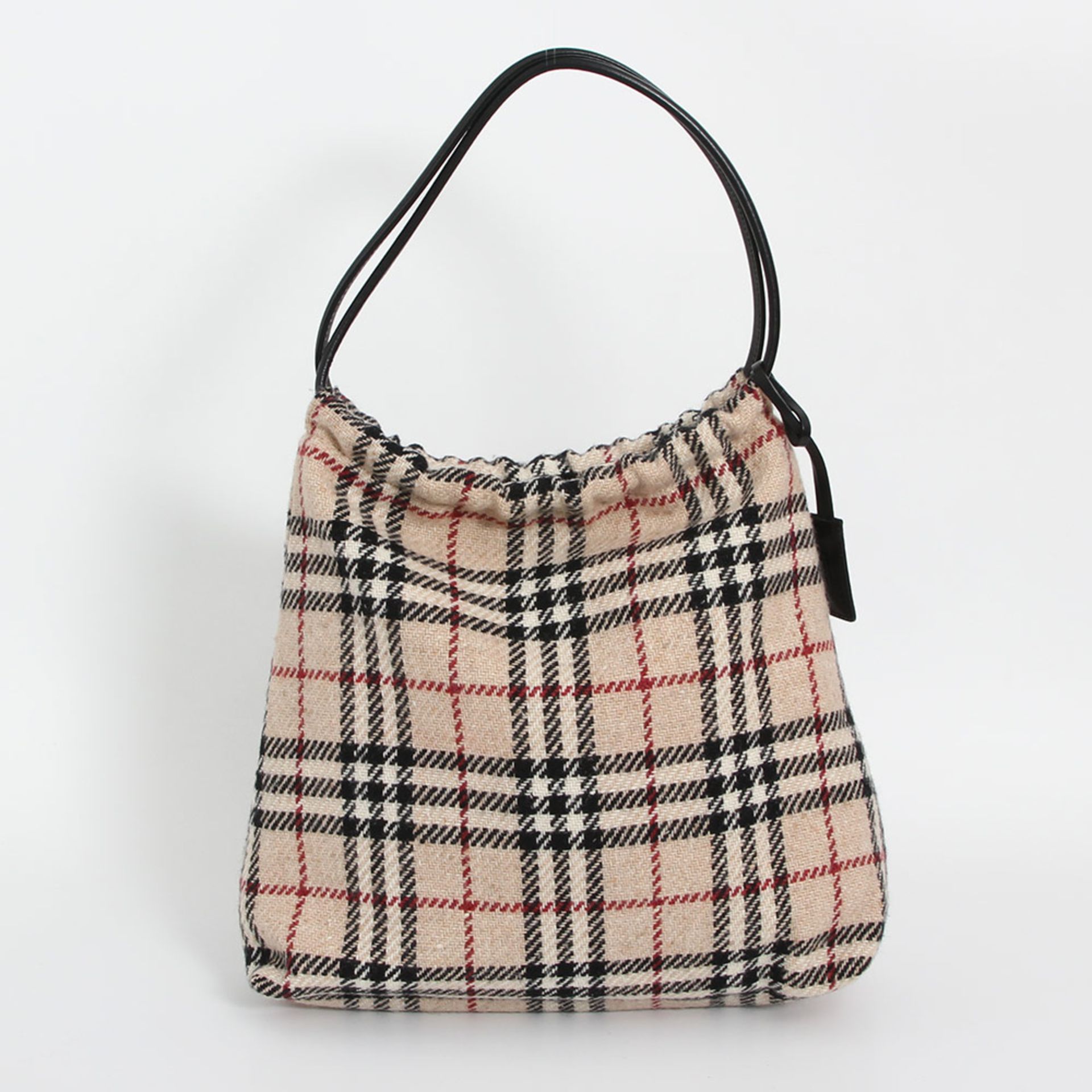 BURBERRY winterliche Beuteltasche. Tweed im Nova-Check Design in klassischen Tönen, Taschenhals