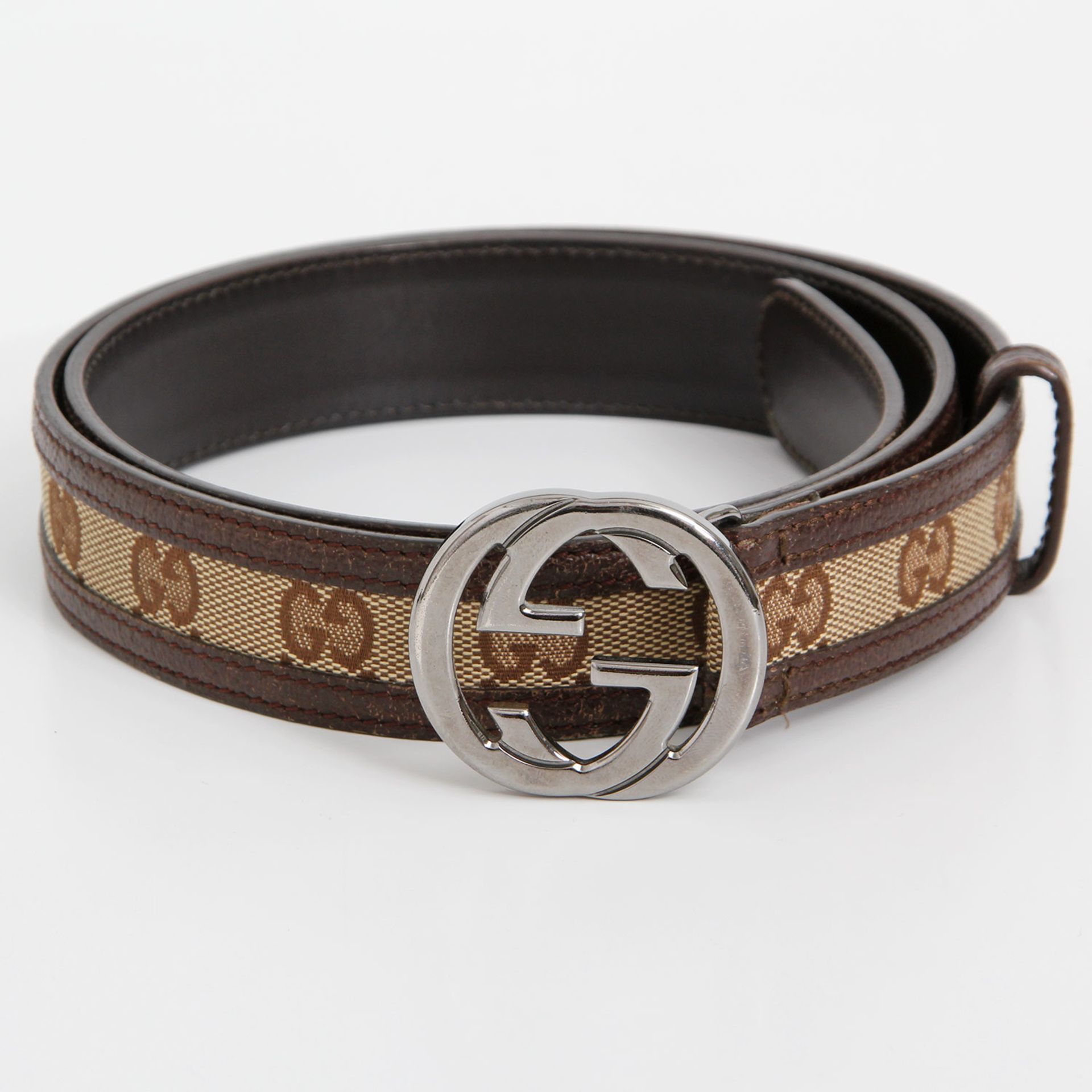 GUCCI schicker Gürtel, Länge 95cm. NP. ca.: 320,-. Gucci Monogram auf Canvas mit dunkelbraunem