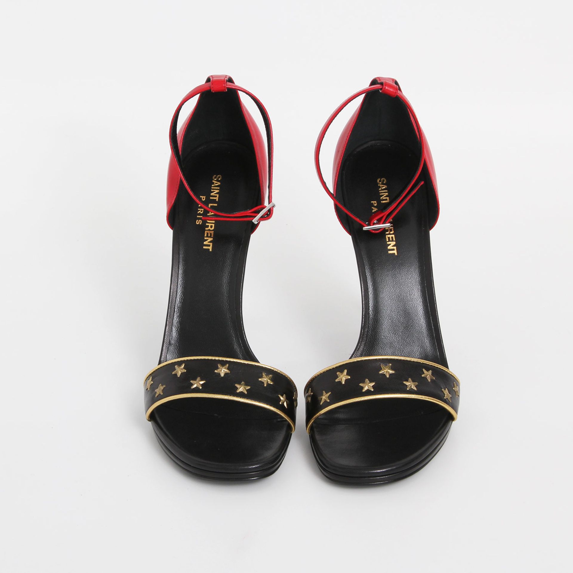 SAINT LAURENT ausgefallene Fesselriemensandalen, Gr. 41; schwarz-rot mit goldenen Sternen, NEU!