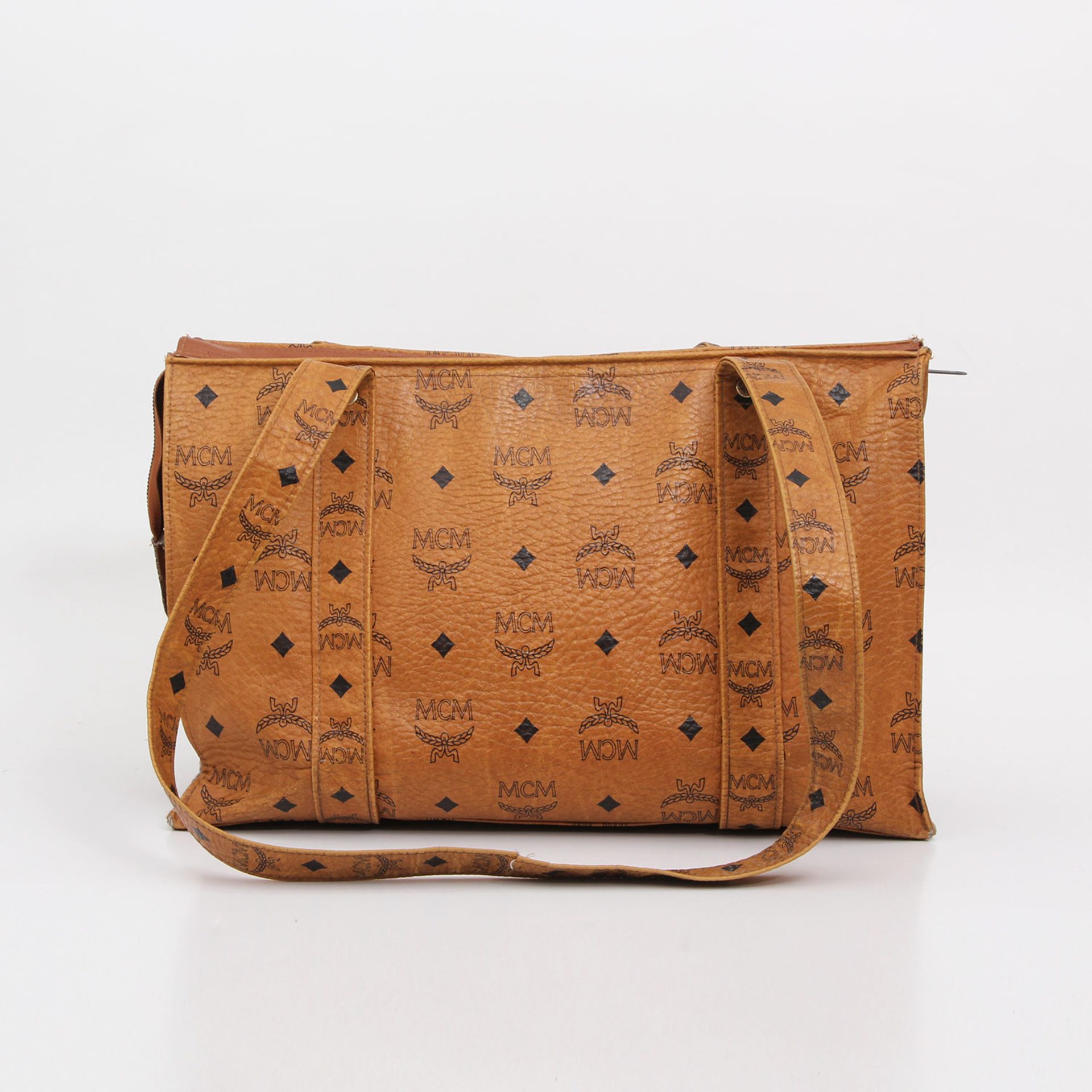 MCM VINTAGE schicke Schultertasche. Heritage Design auf cognacfarbenem Grund, lange Doppelhenkel,