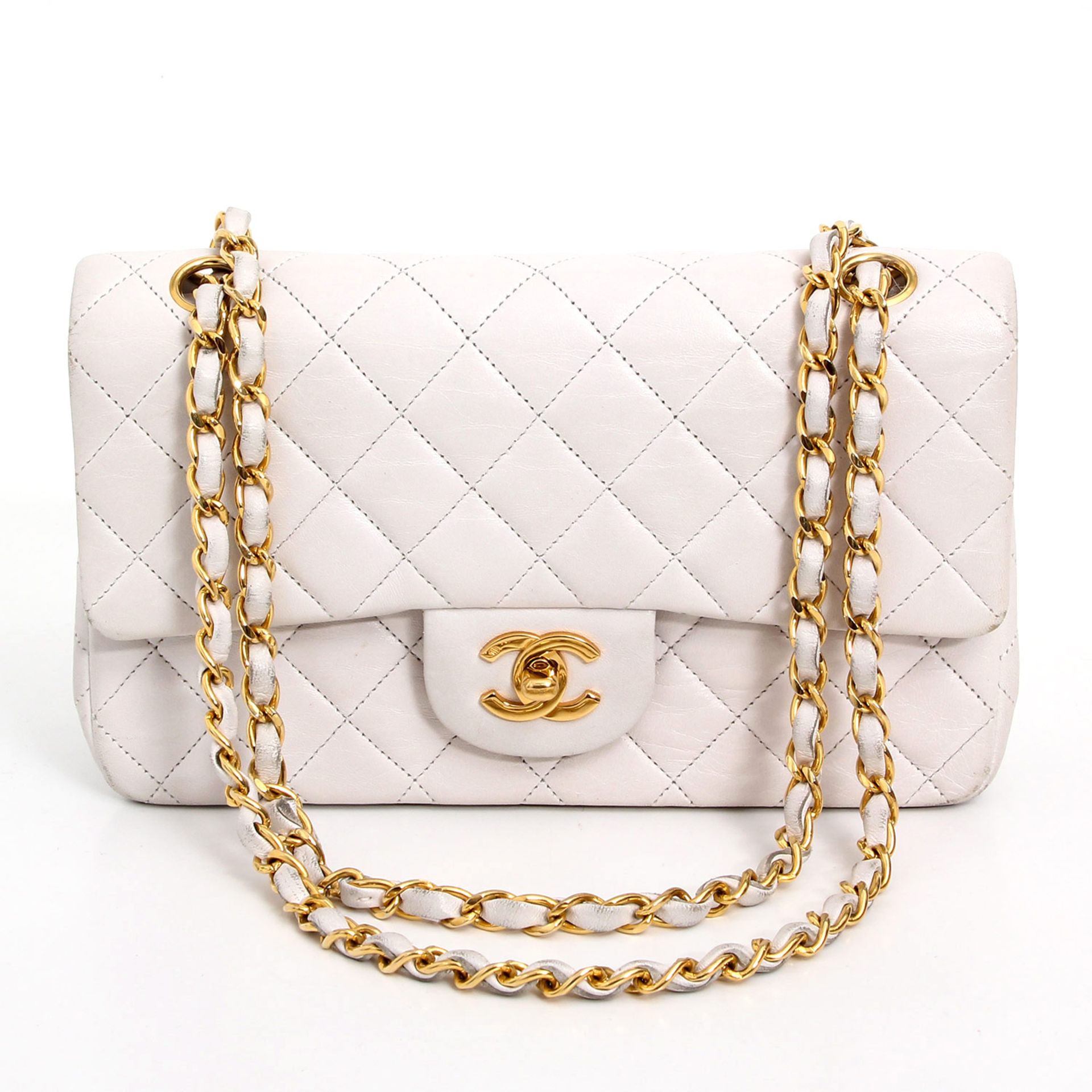 CHANEL VINTAGE edle Umhängetasche "CLASSIC DOUBLE FLAP BAG", Koll. 89-91. Weißes Nappaleder in