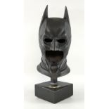 Batman The Dark Knight Cowl Mask - Noble Collection full size replica on wooden plinth, 21 inches