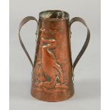 Newlyn copper two handle vase embossed with cormorants airing their wings, stamped mark to base,