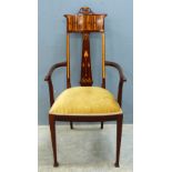 Mahogany elbow chair with Art Nouveau inlaid decoration of bell form flowers