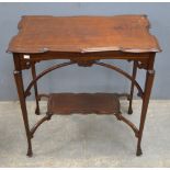 Mahogany side table of Art Nouveau form with carved water lily motif to sides, 70cm x 70cm.