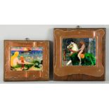 C H Powell two enamel plaques in copper frames, one depicting two mermaids another a nude lady on