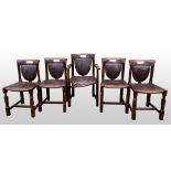Five chairs in Arts and Crafts manner, curved backs with pierced and carved detail, shield back