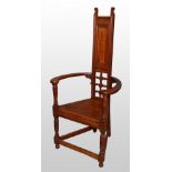 Arts and Crafts oak chair, with Scottish school influence, back panelled and with bobbin turned