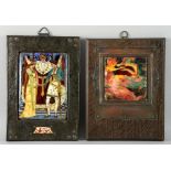 C H Powell, an enamel plaque depicting a king and a young couple in medieval dress and a small panel