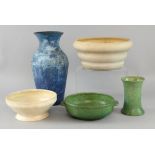 Five items of Compton pottery, including a blue glazed vase, green glazed bowl and vase, a large