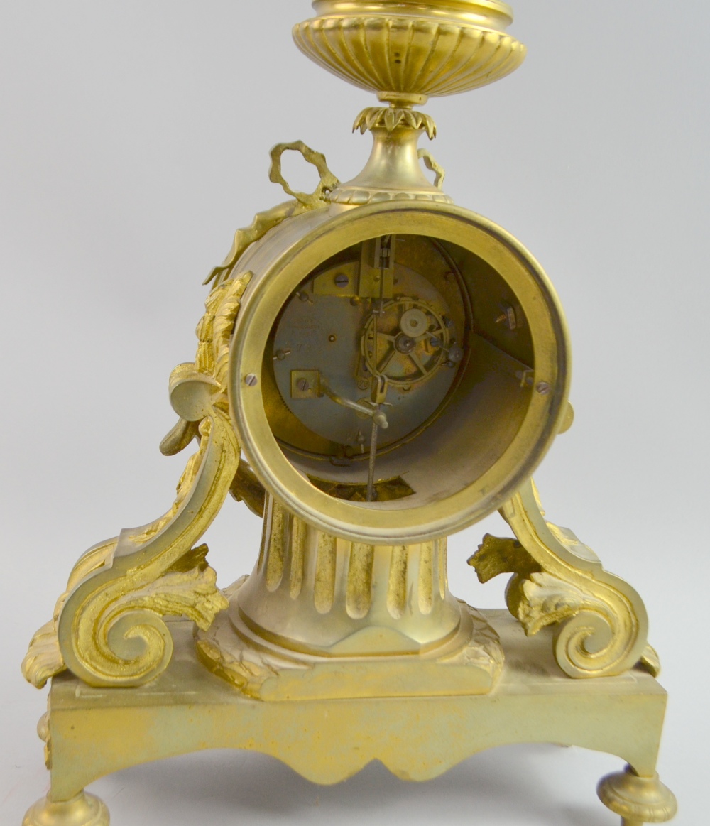 French Ormolu Clock with ribbon swag decoration white enamel and Blue Roman numerals, two train - Image 2 of 2