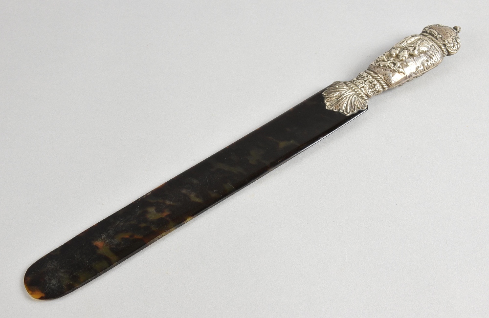 Edward VII silver mounted and tortoise shell page turner, with embossed decoration, by William