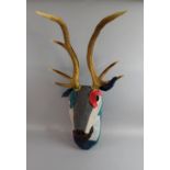 Wall mounting patchwork reindeer head with real antlers, 104 x 40 x 35 cm, removable antlers