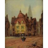 19th century Continental School, townscape with figures, unsigned, oil on canvas, 24cm x 19cm,