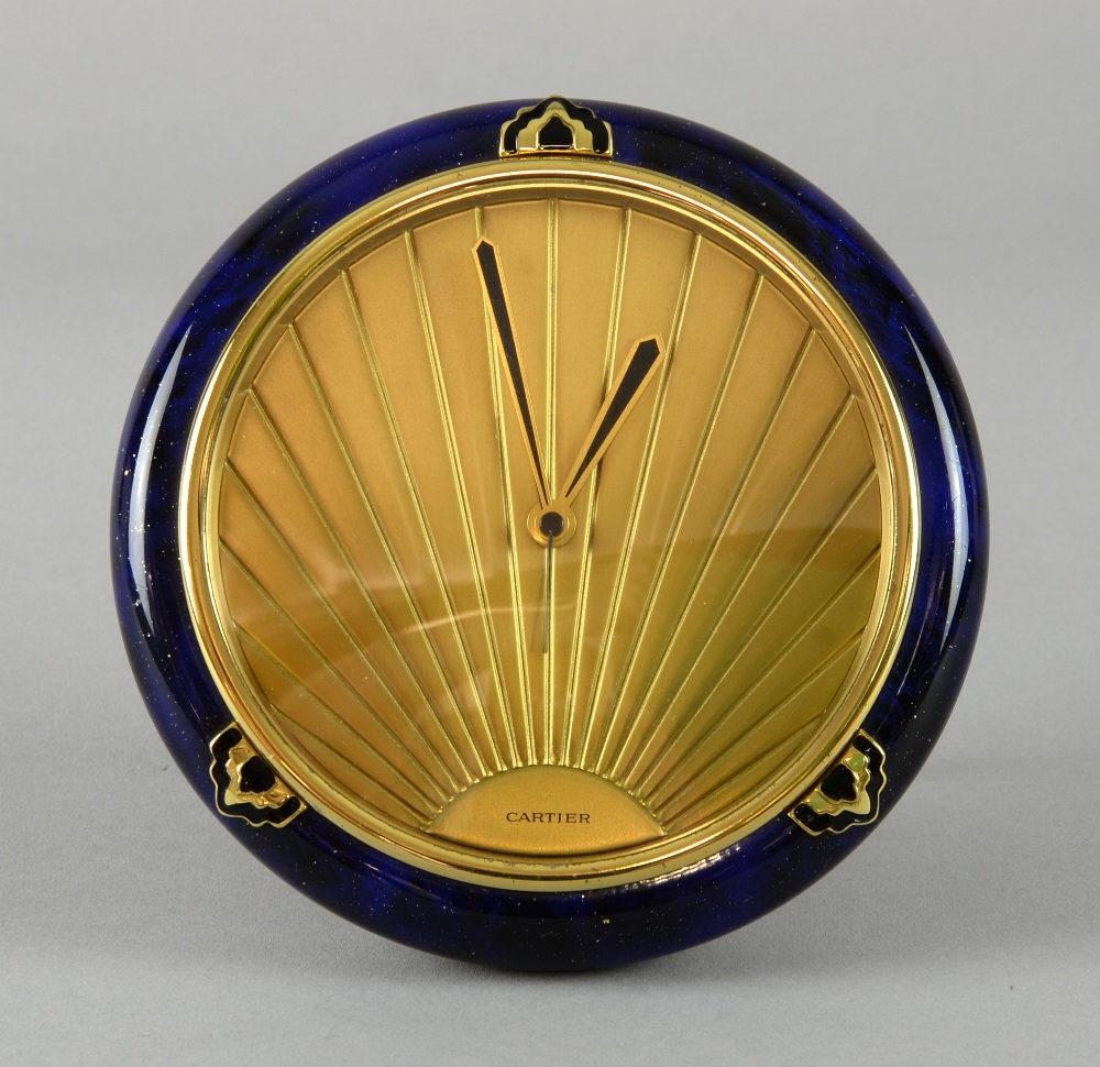 Cartier Art Deco style clock, with sunburst dial, simulated lapis lazuli surround, dial signed, 13cm