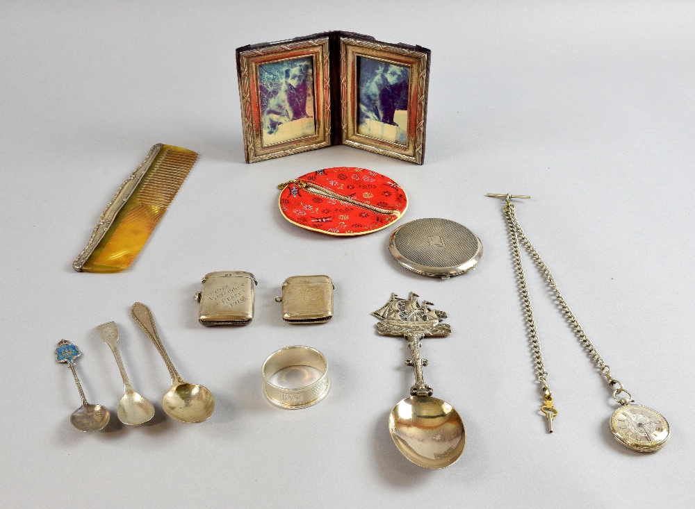 Miscellaneous silver items including photograph frame, vesta cases, compact, etc.,