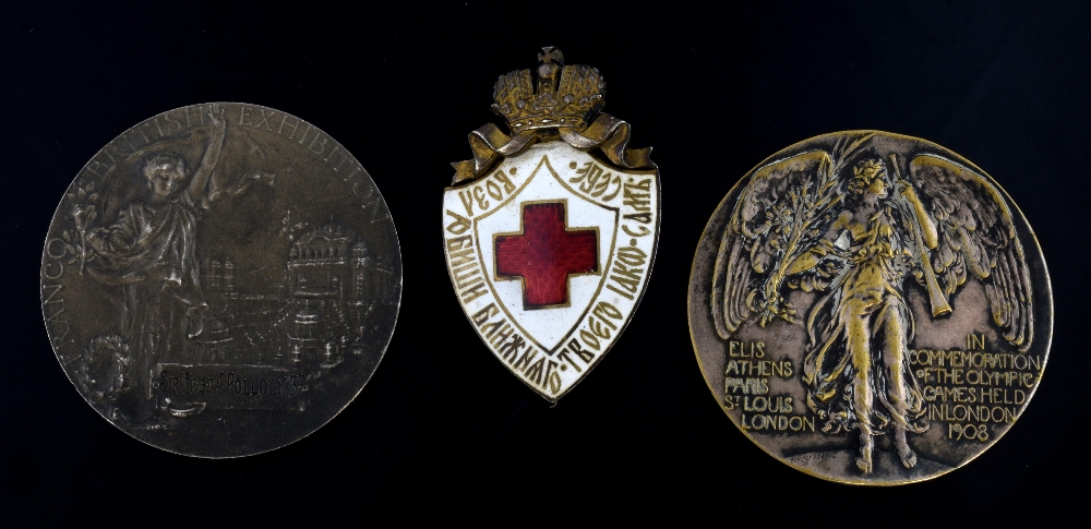 1908 commemorative Olympic medal, Franco British Exhibition medal, and an enamelled badge, - Image 2 of 2