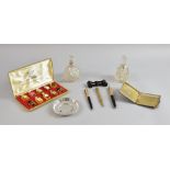 Two silver mounted perfume bottles, three pens, collection of miniature perfume bottles etc.,