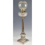 19th century silver plated Corinthian column oil lamp with cut glass well,