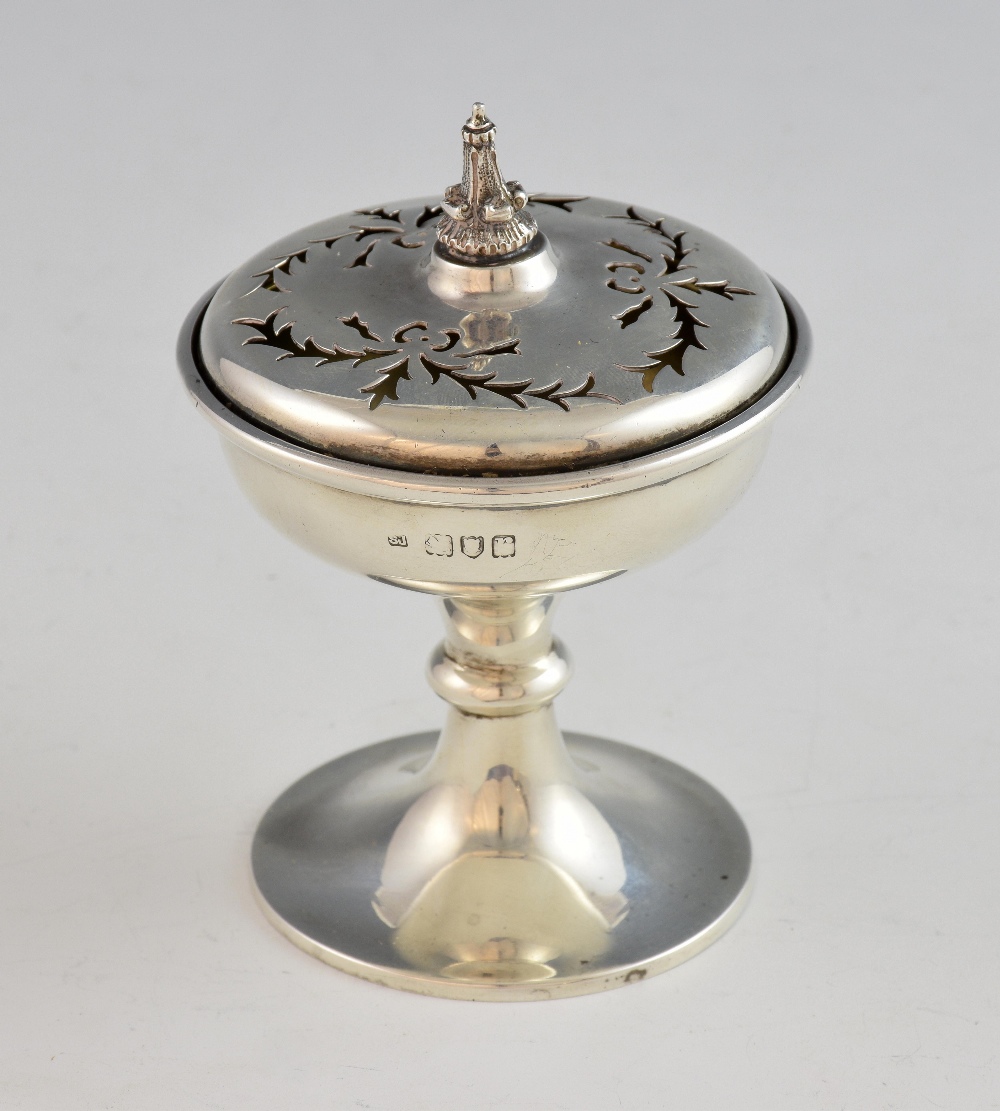 George V silver pedestal pot pourri with pierced decoration on round foot, by Samuel Jacob,