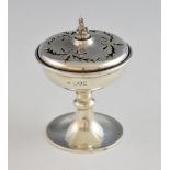 George V silver pedestal pot pourri with pierced decoration on round foot, by Samuel Jacob,