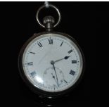 ANTIQUE OPEN FACED POCKET WATCH WITH KEYLESS MOVEMENT IN A SILVER CASE.