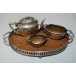 MINIATURE ANTIQUE & GILT 3 PIECE TEA SERVICE WITH FLUTED DECORATION TOGETHER WITH AN OVAL WOOD &